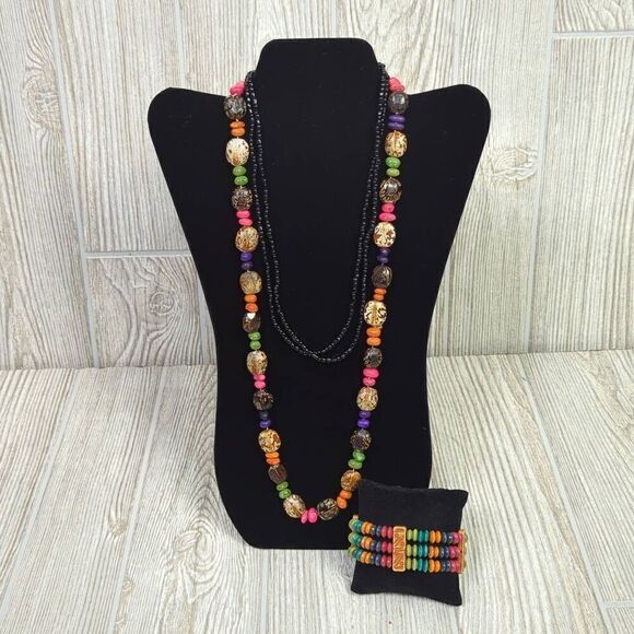 Vintage 3 Piece Jewelry Set, 2 Necklaces & Bracelet Beads Tiered Granny - Picture 1 of 4